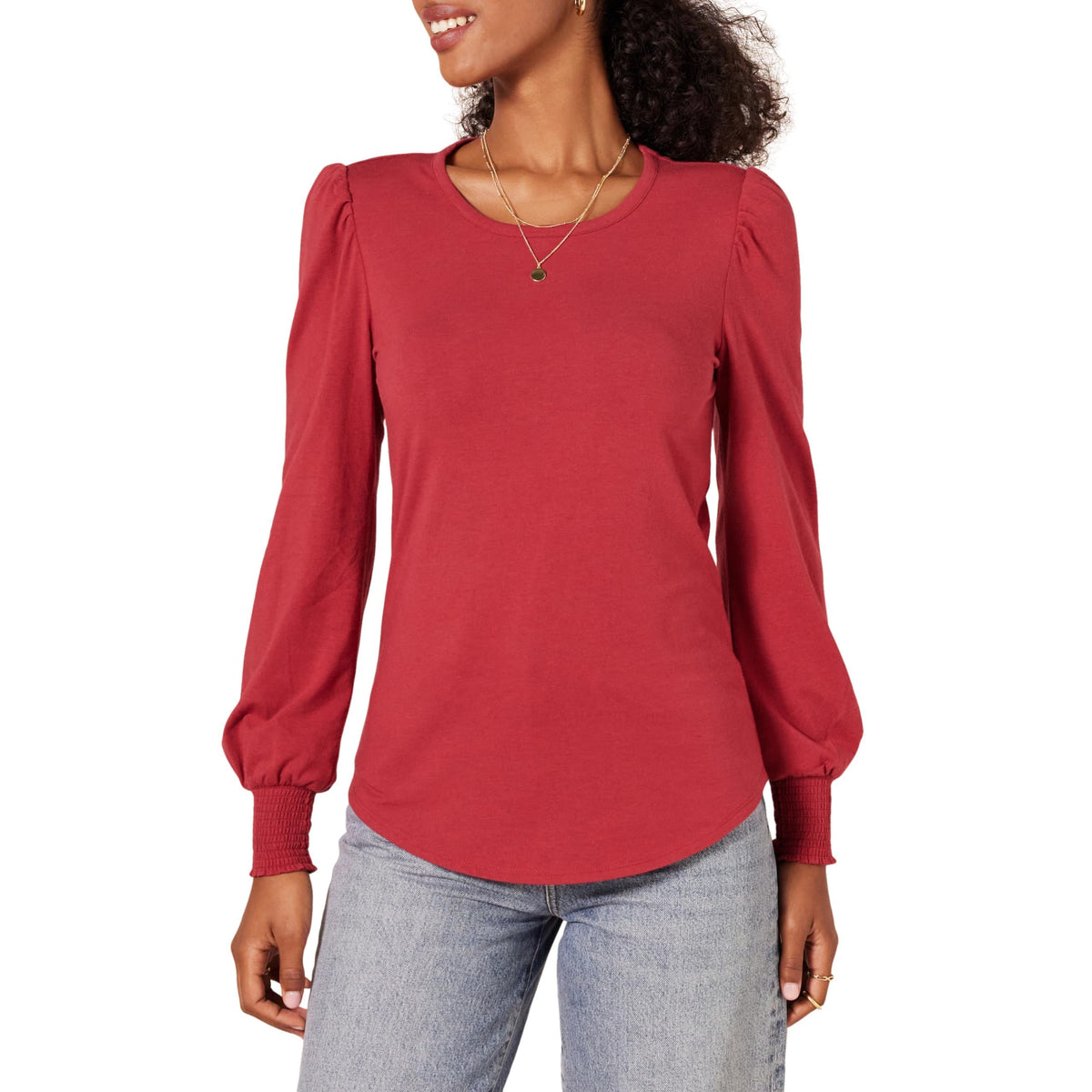 Amazon Essentials Women's Long-Sleeve Crewneck Smocked Cuff T-Shirt