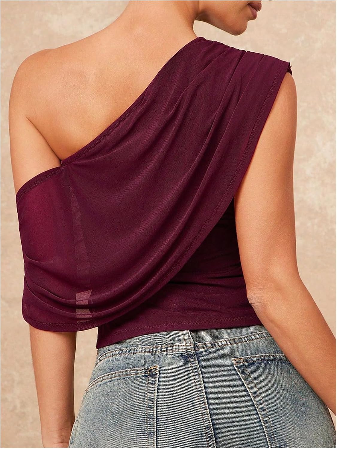 Milumia Women's Off The Shoulder Ruched Draped Mesh Asymmetrical Crop Tops