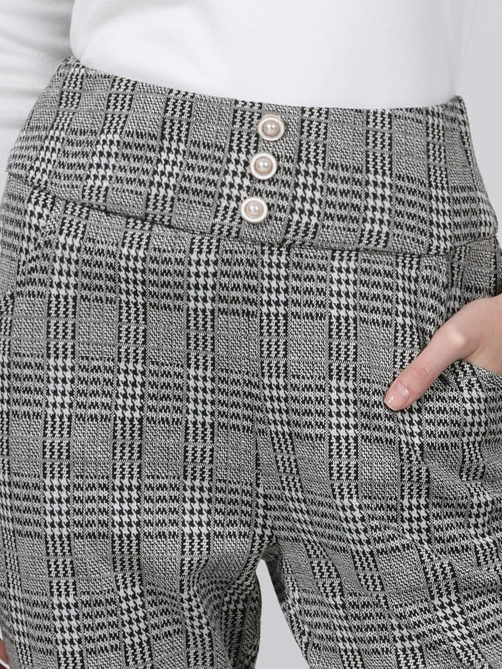 Hobemty Women Plaid Houndstooth High Waist Casual Work Skinny Pants