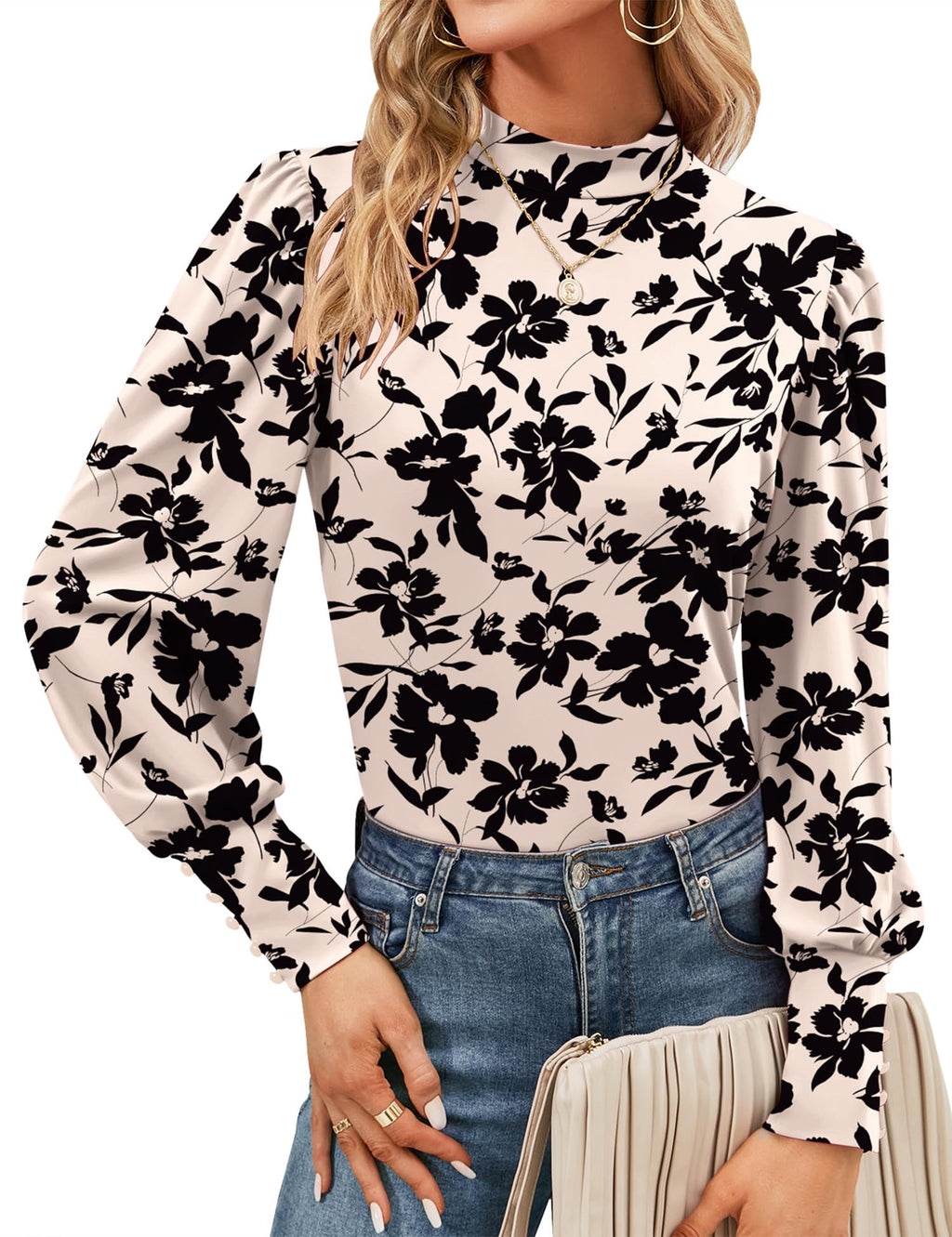 Mock Neck Tops for Womens Turtleneck Puff Long Sleeve Shirts Blouses
