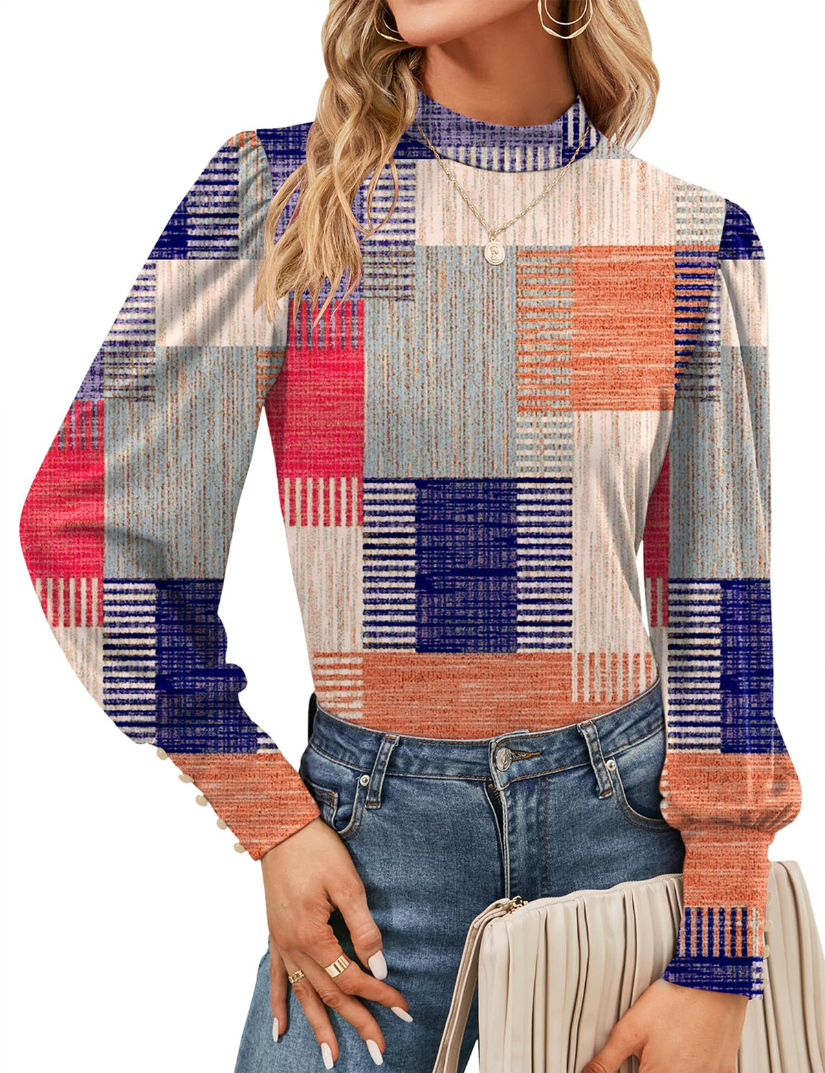 Mock Neck Tops for Womens Turtleneck Puff Long Sleeve Shirts Blouses
