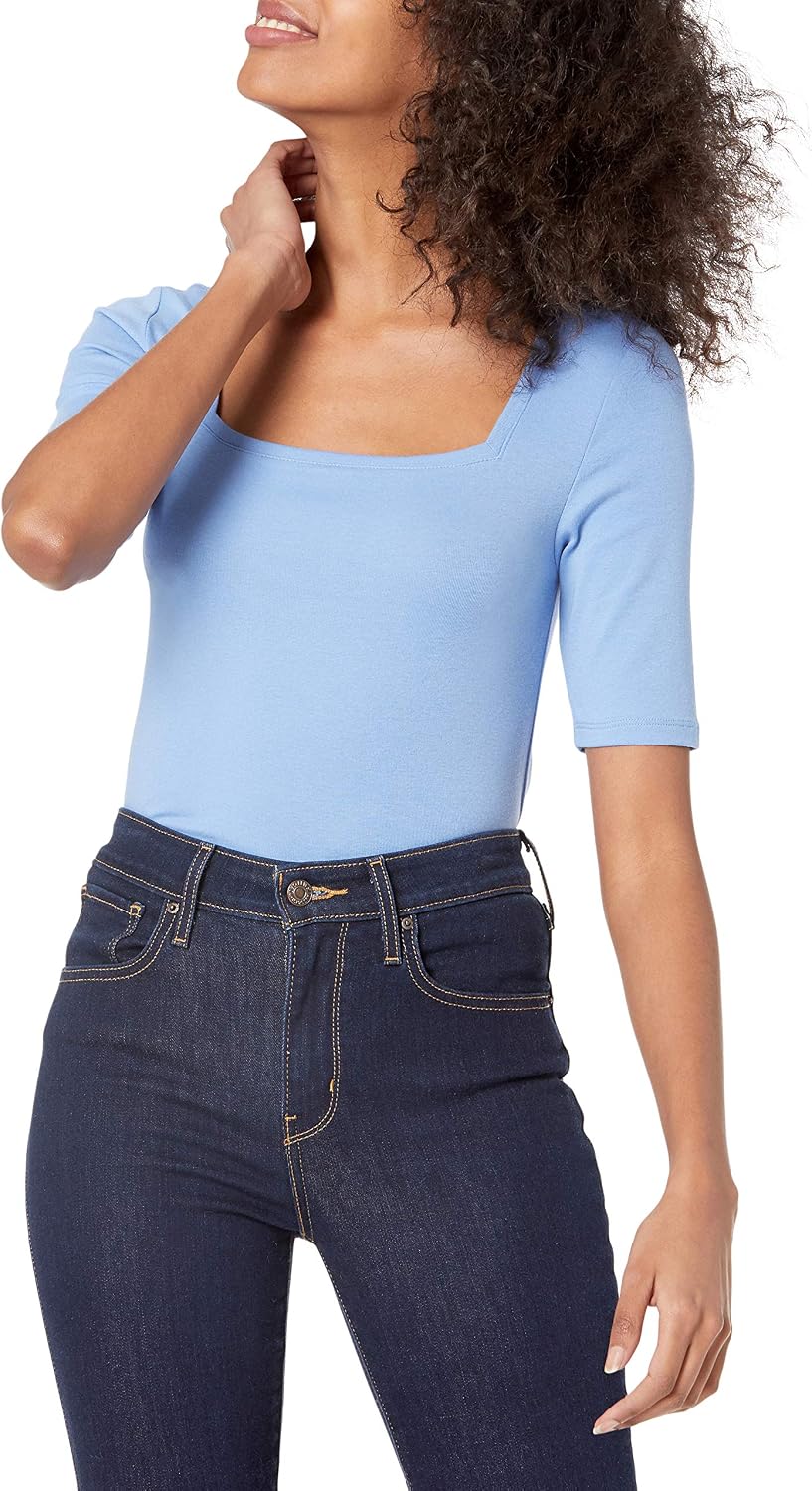 Amazon Essentials Women's Slim Fit Half Sleeve Square Neck Cotton Modal T-Shirt
