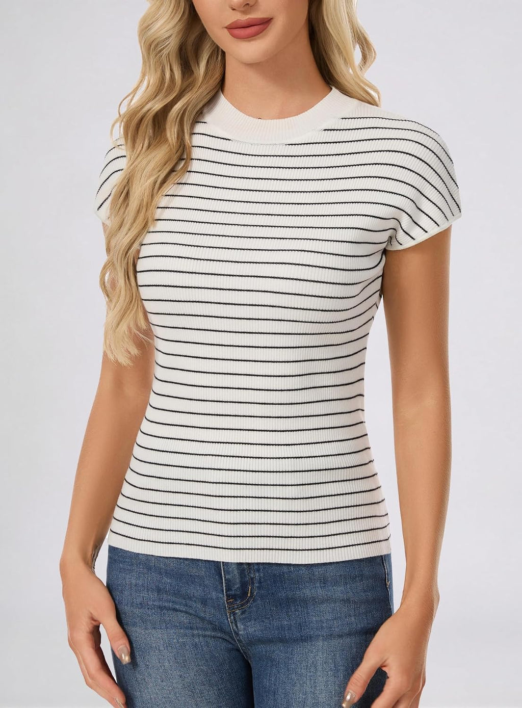 Women's Slim Fit Short Sleeve Sweater Lightweight Trendy Ribbed Knit Summer Top Dressy Casual Striped Pullover Shirt