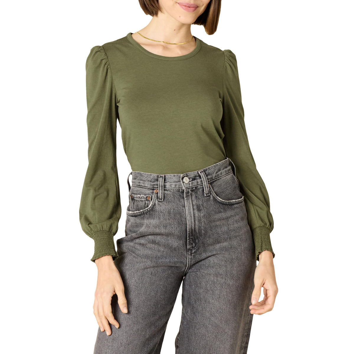 Amazon Essentials Women's Long-Sleeve Crewneck Smocked Cuff T-Shirt