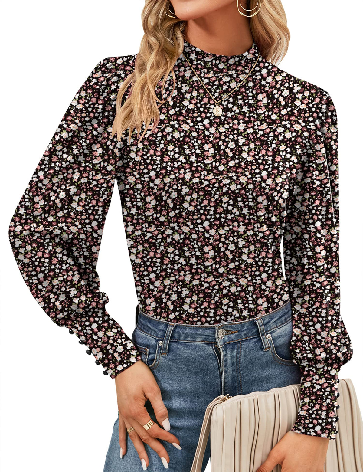 Mock Neck Tops for Womens Turtleneck Puff Long Sleeve Shirts Blouses
