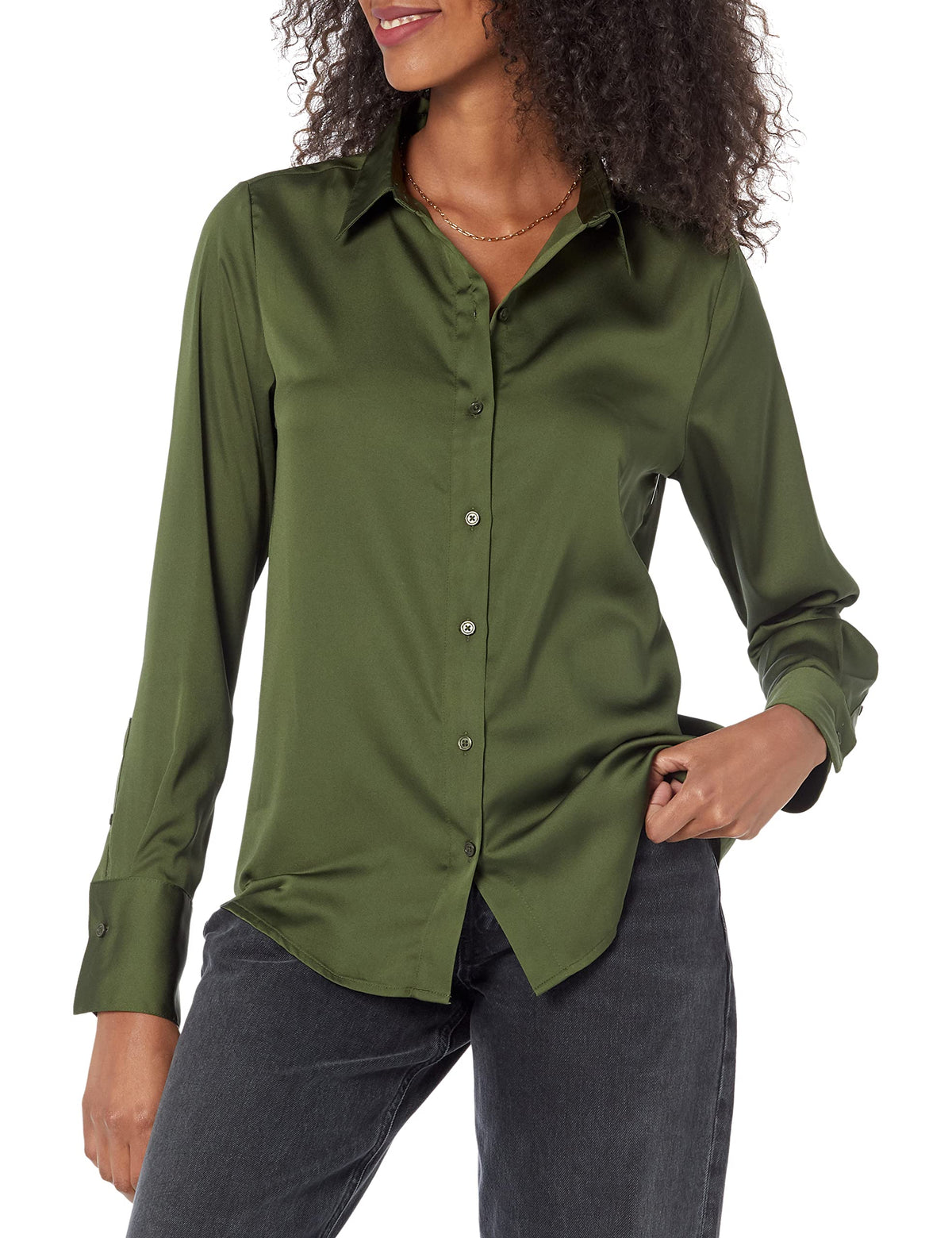 Amazon Essentials Women's Regular-Fit Long Sleeve Satin Button Down Blouse, Dressy Collared Shirt