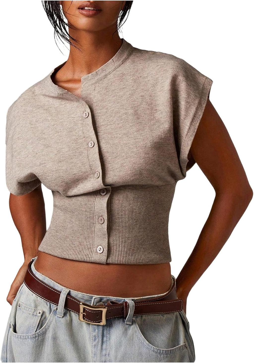 SHENHE Women's Cap Sleeve Button Up Sweater Sleeveless Knit Vest Crop Top