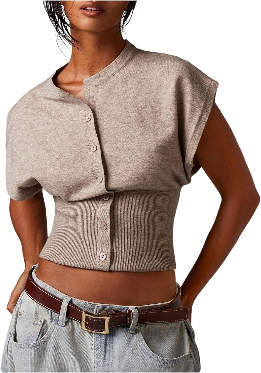 SHENHE Women's Cap Sleeve Button Up Sweater Sleeveless Knit Vest Crop Top