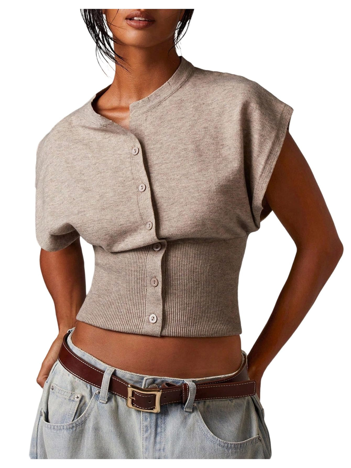 SHENHE Women's Cap Sleeve Button Up Sweater Sleeveless Knit Vest Crop Top
