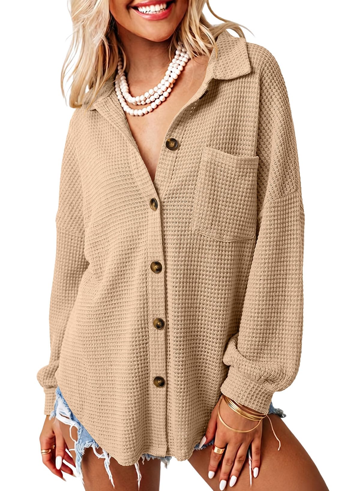 Dokotoo Womens Waffle Knit Shacket Jacket Casual Button Down Shirts Tops