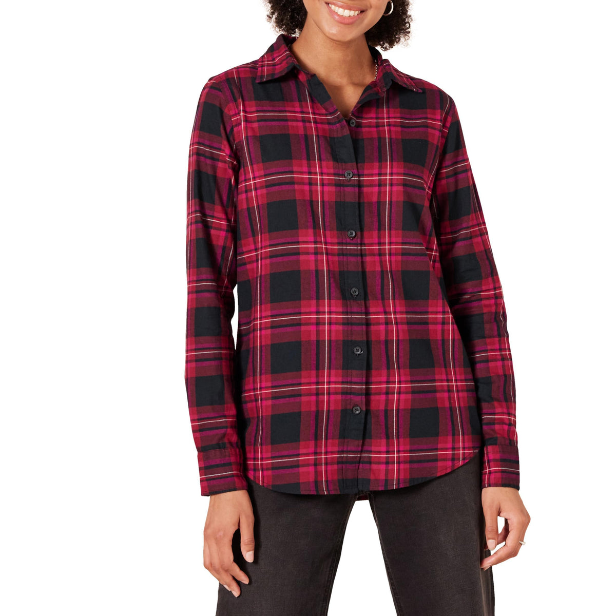 Amazon Essentials Women's Regular-Fit Long-Sleeve Lightweight Cotton Brushed Flannel Shirt