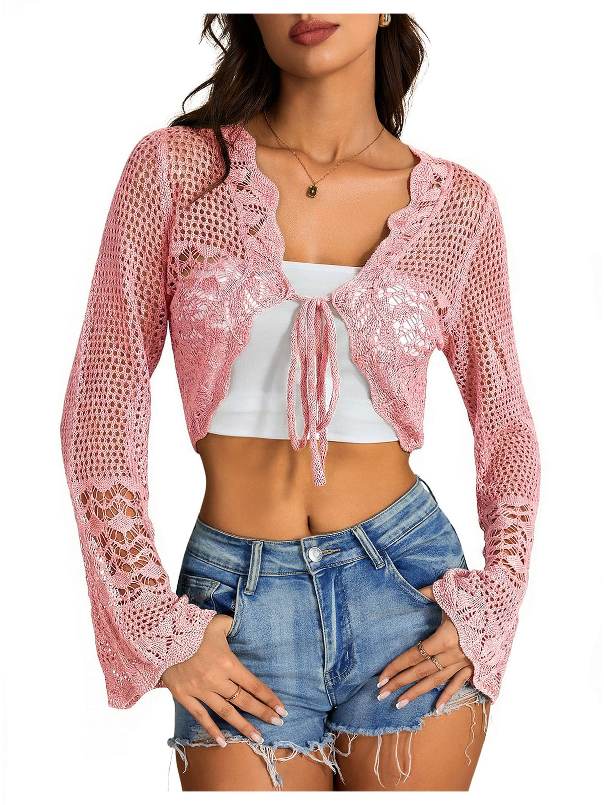 OYOANGLE Women's Crochet Tie Front Cardigan Sweater Bolero Shrug