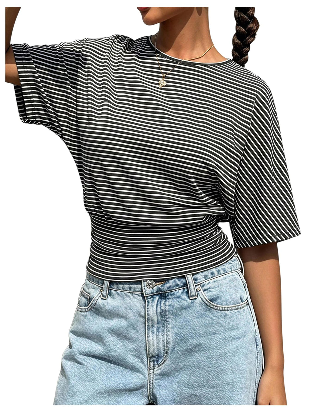 Milumia Women's Cinched Waist Striped Dolman Sleeves T Shirts Going Out Top