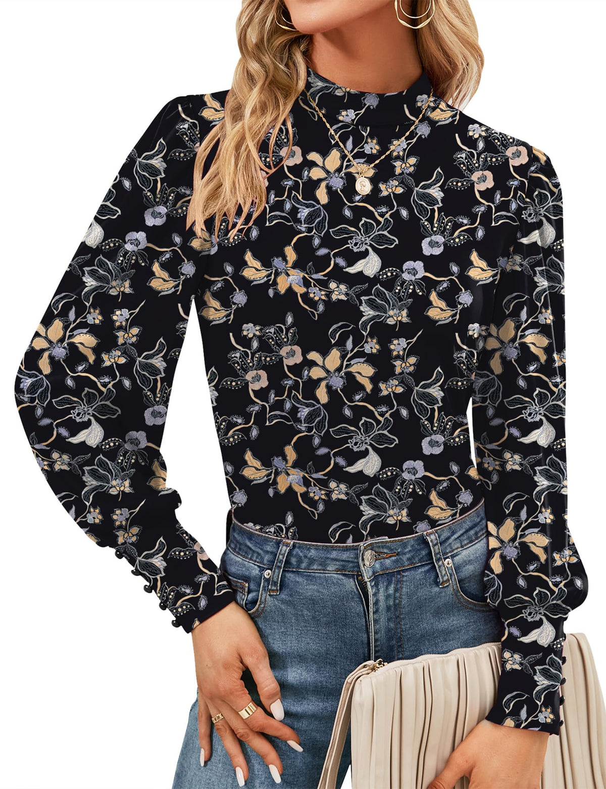 Mock Neck Tops for Womens Turtleneck Puff Long Sleeve Shirts Blouses