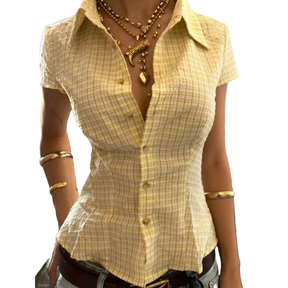 Women Y2k Gingham Button Down Shirt Cute V Neck Collared Slim Fit Short Sleeve Cinch Waist Tshirt Retro Going Out Top