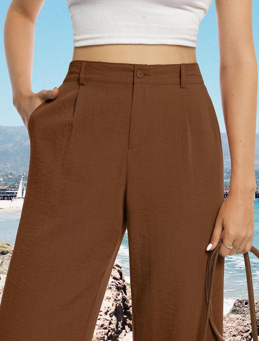 Feiersi Womens Casual Wide Leg Pants High Waisted Button Down Straight Long Trousers Palazzo Pants
