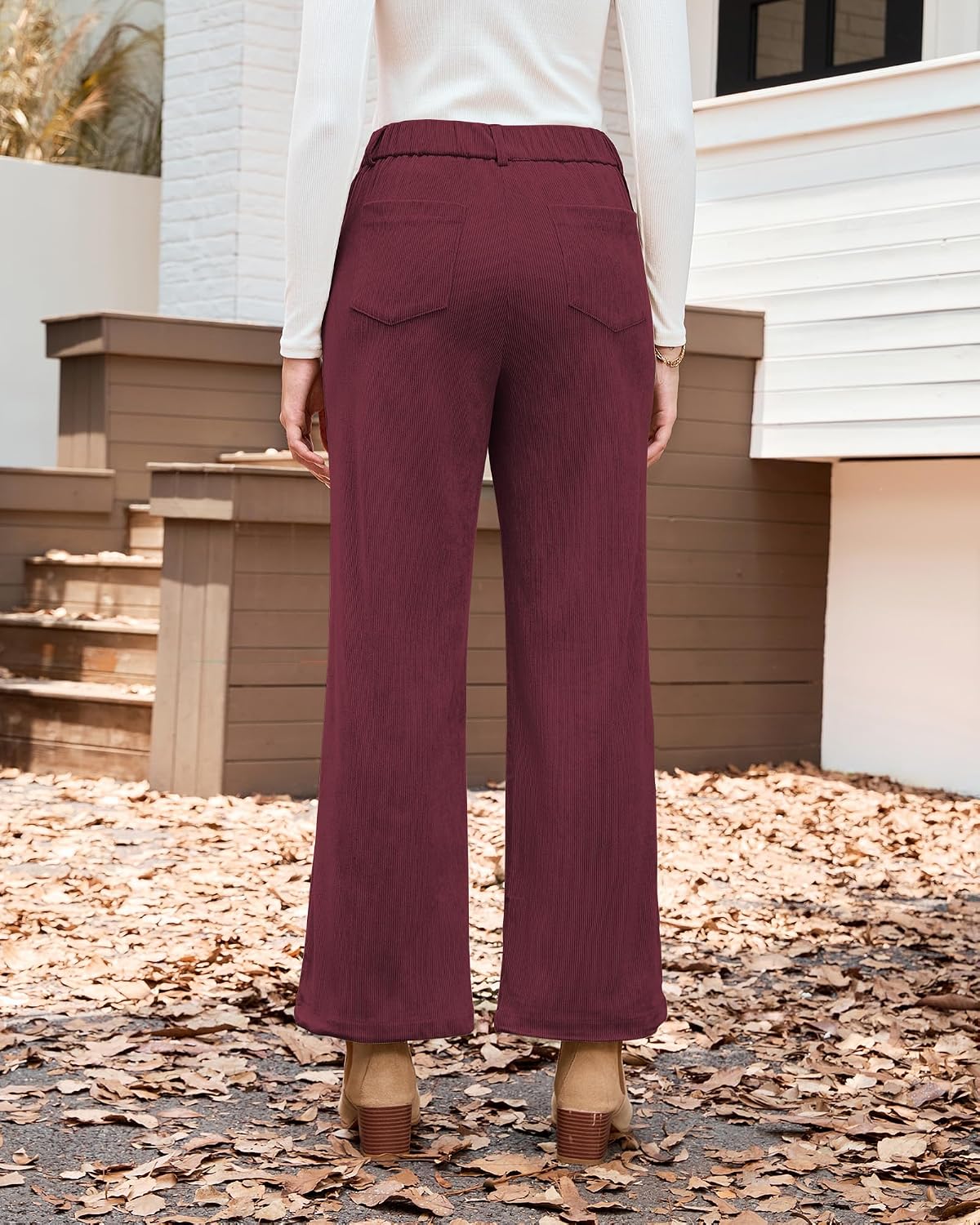 GRAPENT Corduroy Wide Leg Pants Woman High Waisted Fall Business Casual Elastic Waist Loose Trendy Trousers with Pockets