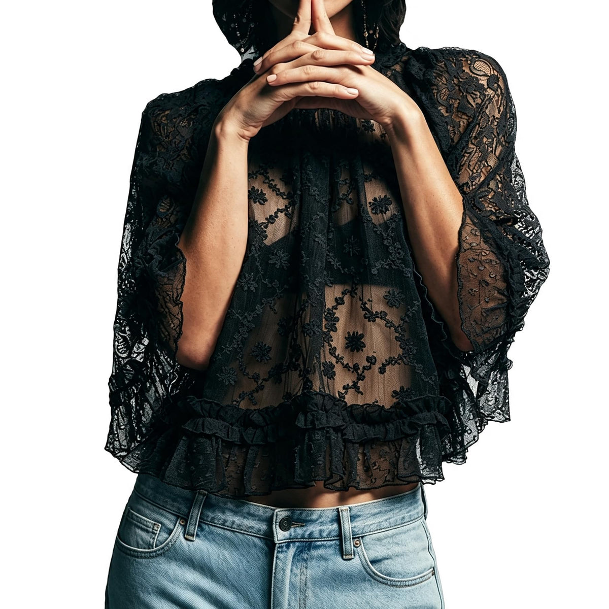 Womens Boho Flowy Lace Shirt Sheer Ruffle Flare Sleeve Casual Loose See Through Cover Up Top Blouse Summer Beachwear