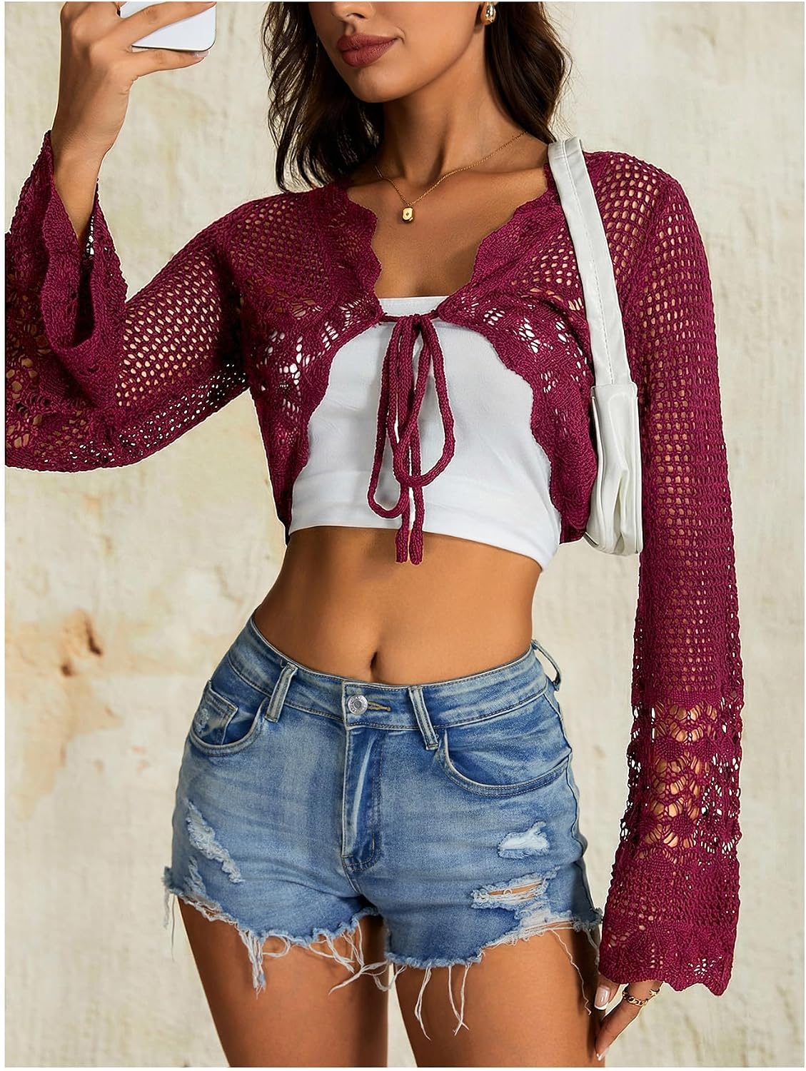 OYOANGLE Women's Crochet Tie Front Cardigan Sweater Bolero Shrug