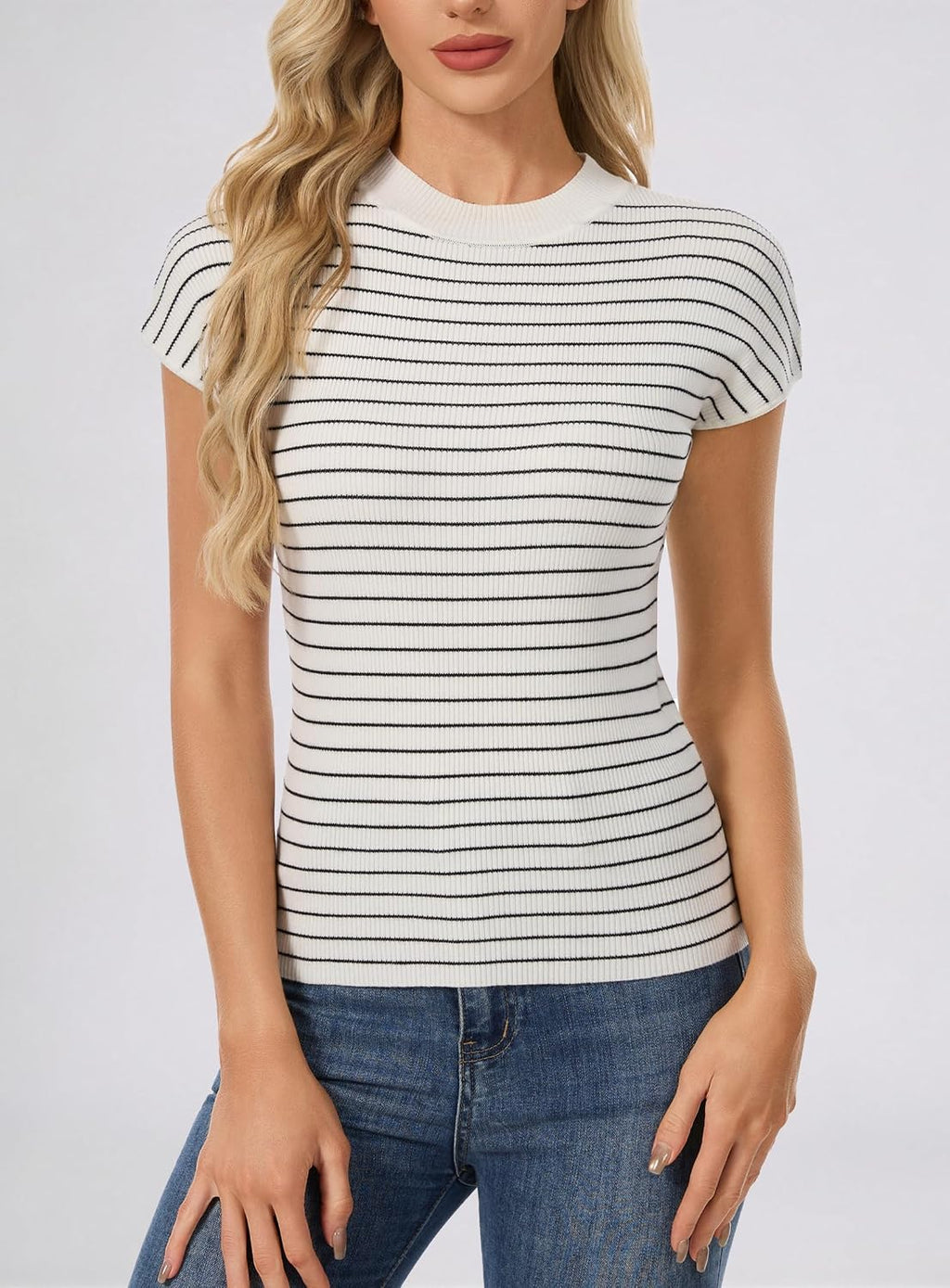 Women's Slim Fit Short Sleeve Sweater Lightweight Trendy Ribbed Knit Summer Top Dressy Casual Striped Pullover Shirt