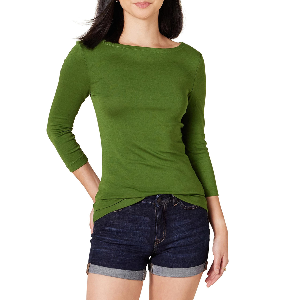 Amazon Essentials Women's Slim-Fit 3/4 Sleeve Boat Neck Tops Cotton Modal T-Shirt