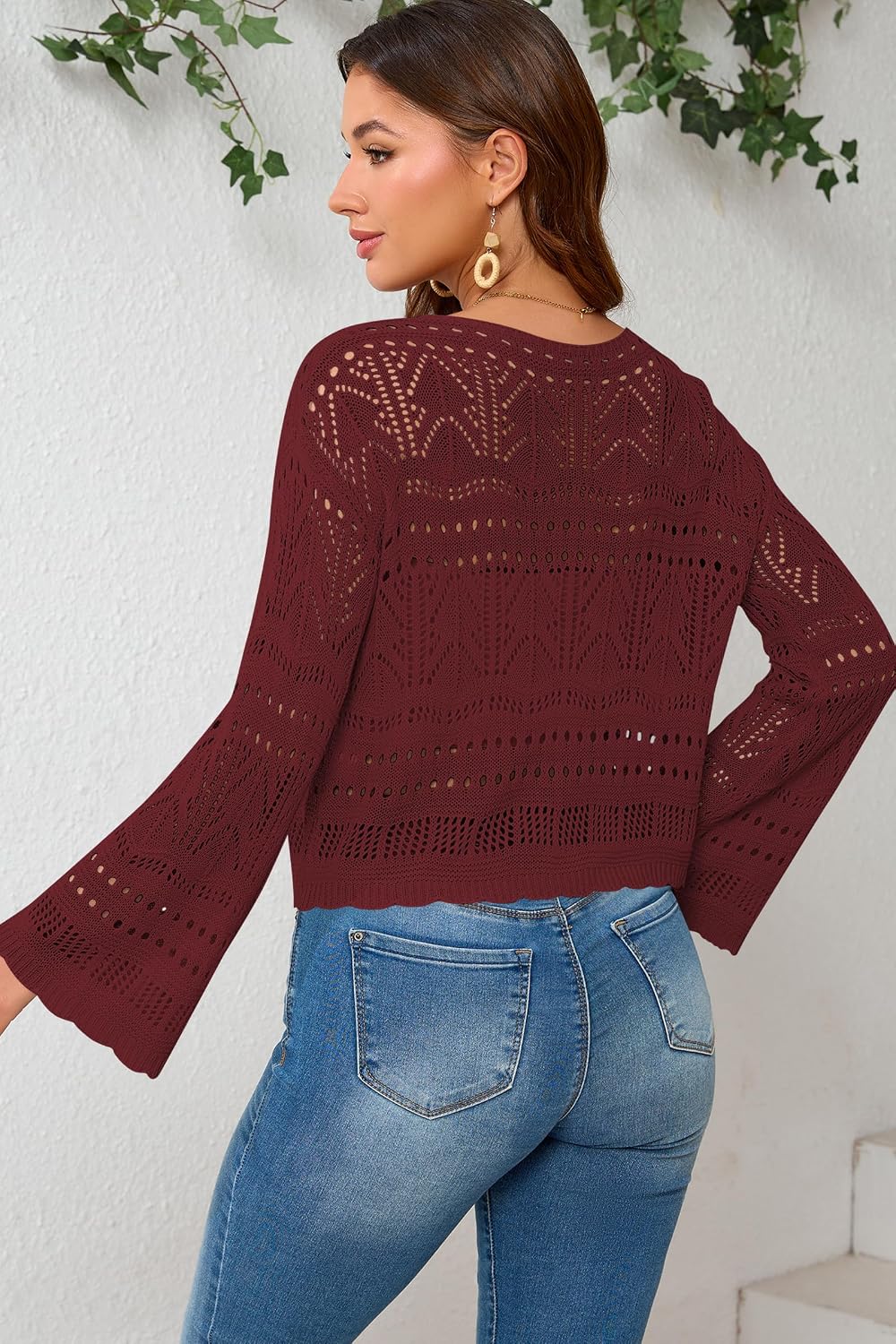 Cakulo Womens Crochet Cropped Cardigan Tie Front Shrug Sweater