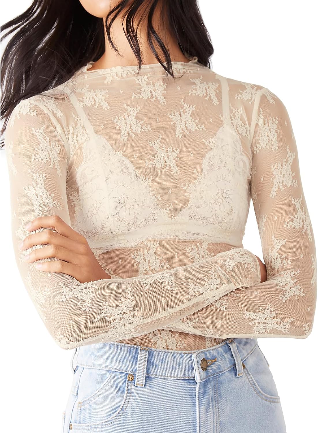KMBANGI Women's Mesh Lace Long Sleeve Top Mock Neck Sheer Layering Tops