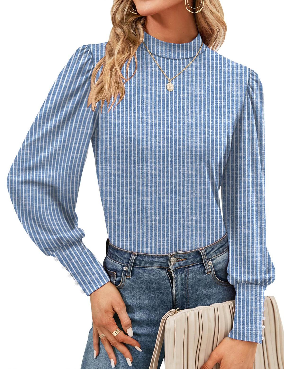 Mock Neck Tops for Womens Turtleneck Puff Long Sleeve Shirts Blouses