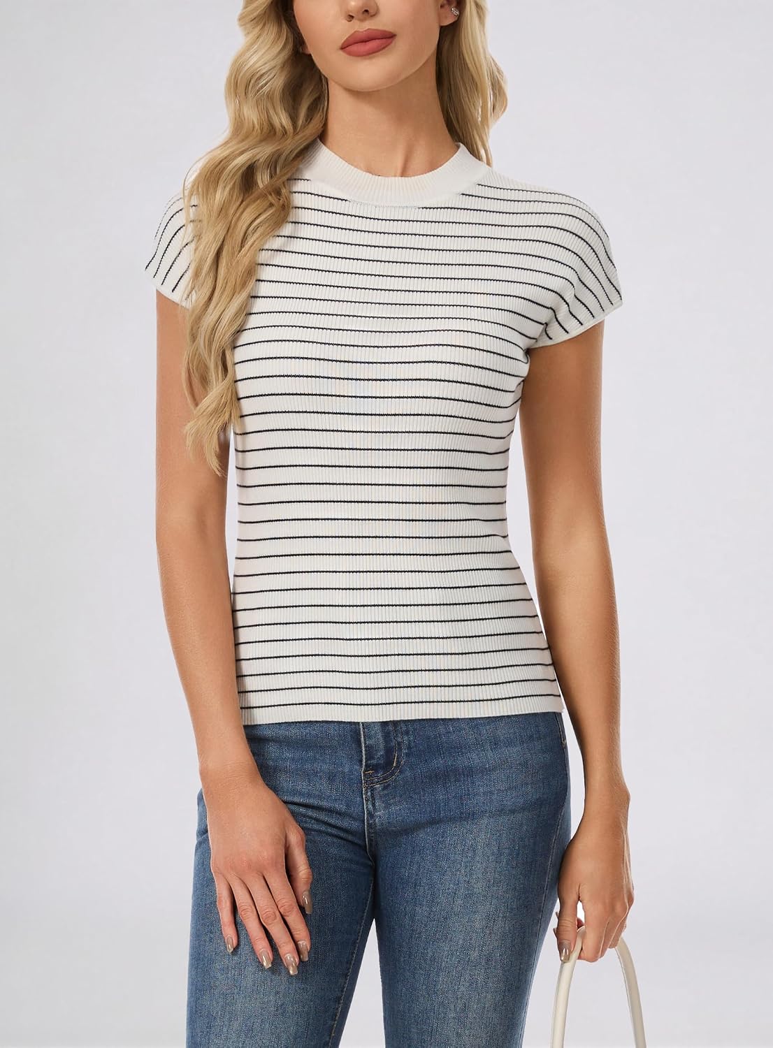 Women's Slim Fit Short Sleeve Sweater Lightweight Trendy Ribbed Knit Summer Top Dressy Casual Striped Pullover Shirt