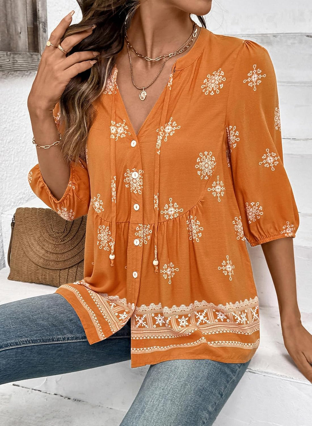 Dokotoo Womens Tops Boho Button Down V Neck Peplum Babydoll Blouses Shirts