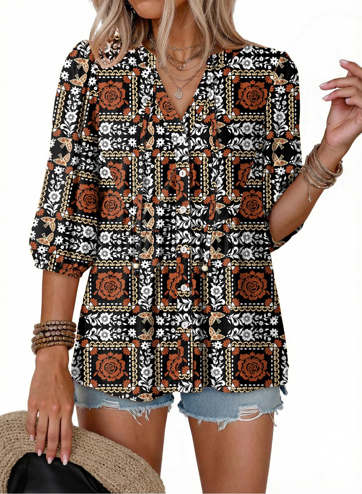 Dokotoo Womens Tops Boho Button Down V Neck Peplum Babydoll Blouses Shirts