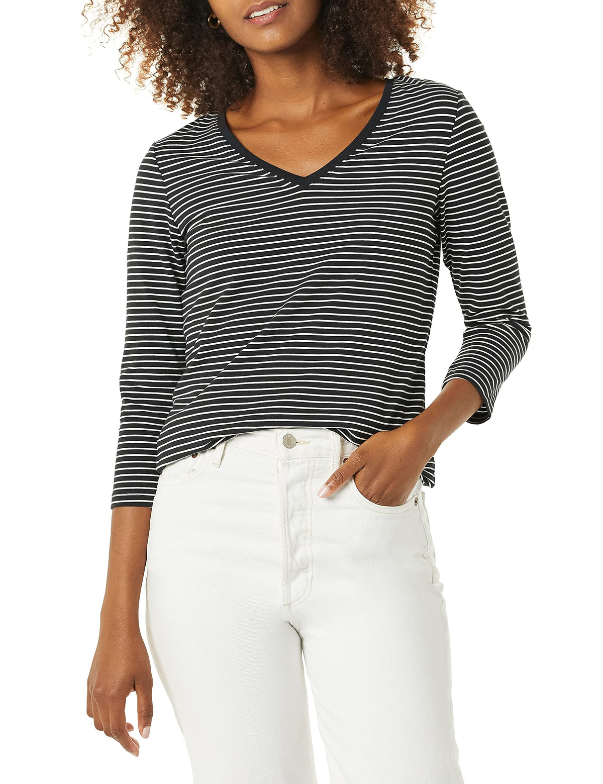 Amazon Essentials Women's Regular-Fit 3/4 Sleeve V-Neck Cotton Modal T-Shirt (Available in Plus Size)