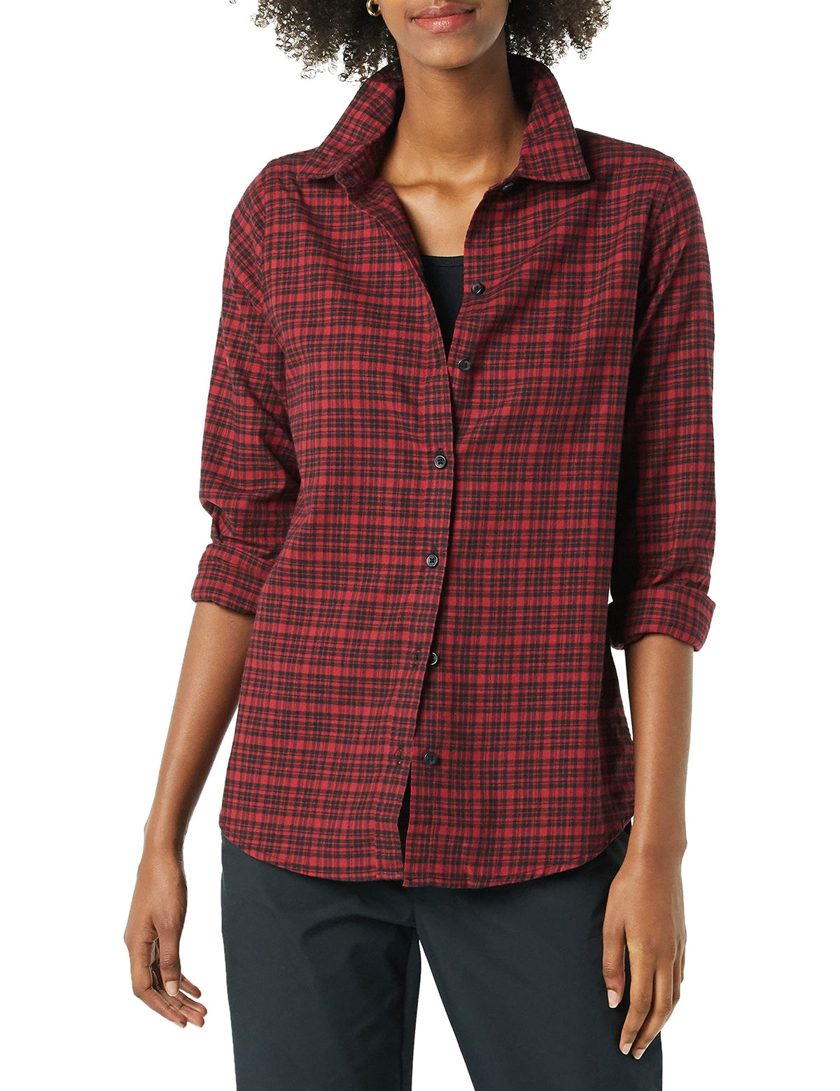 Amazon Essentials Women's Regular-Fit Long-Sleeve Lightweight Cotton Brushed Flannel Shirt