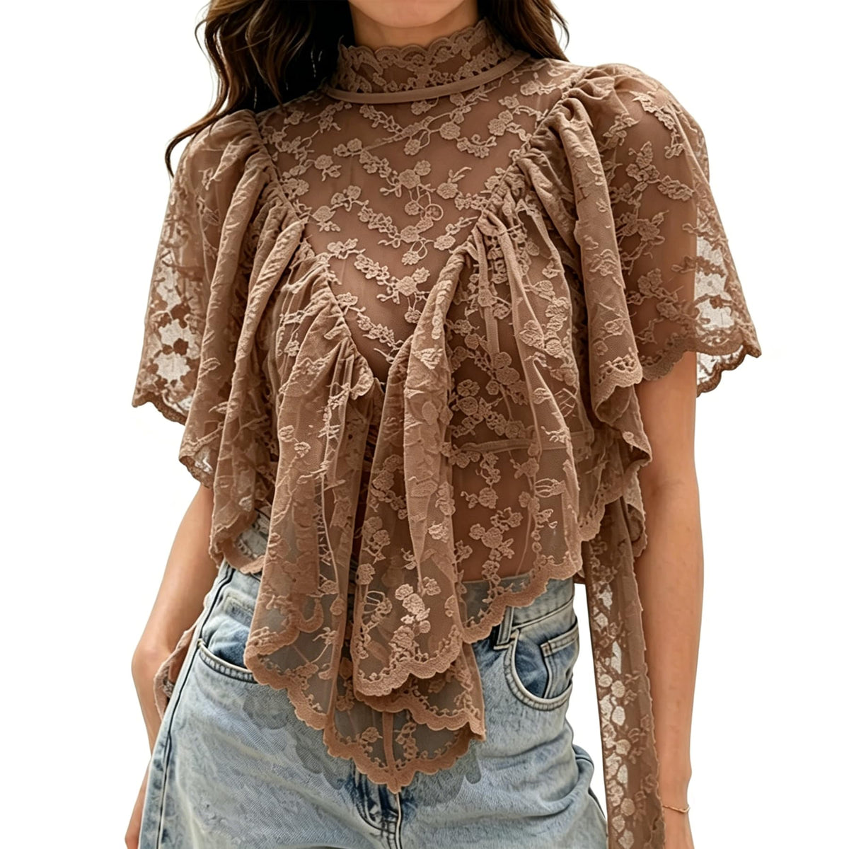 Womens Boho Flowy Lace Shirt Sheer Ruffle Flare Sleeve Casual Loose See Through Cover Up Top Blouse Summer Beachwear