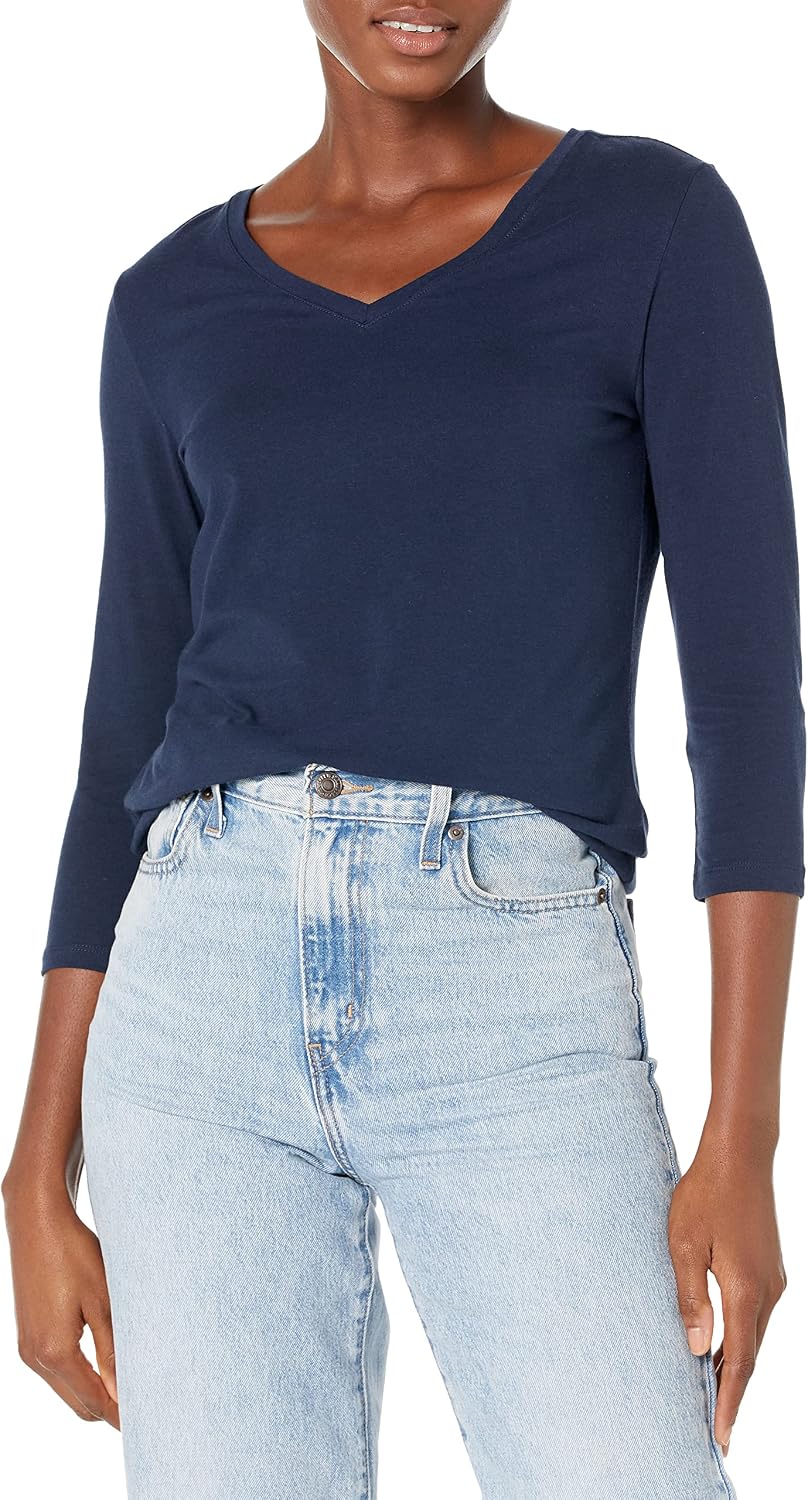 Amazon Essentials Women's Regular-Fit 3/4 Sleeve V-Neck Cotton Modal T-Shirt (Available in Plus Size)
