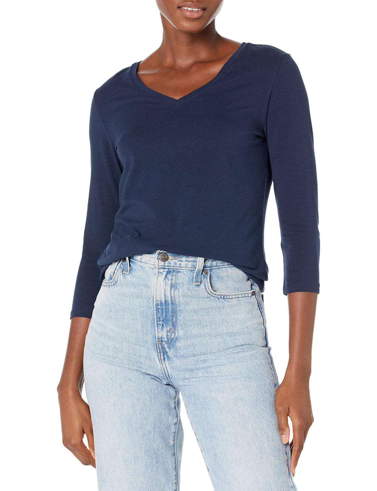 Amazon Essentials Women's Regular-Fit 3/4 Sleeve V-Neck Cotton Modal T-Shirt (Available in Plus Size)