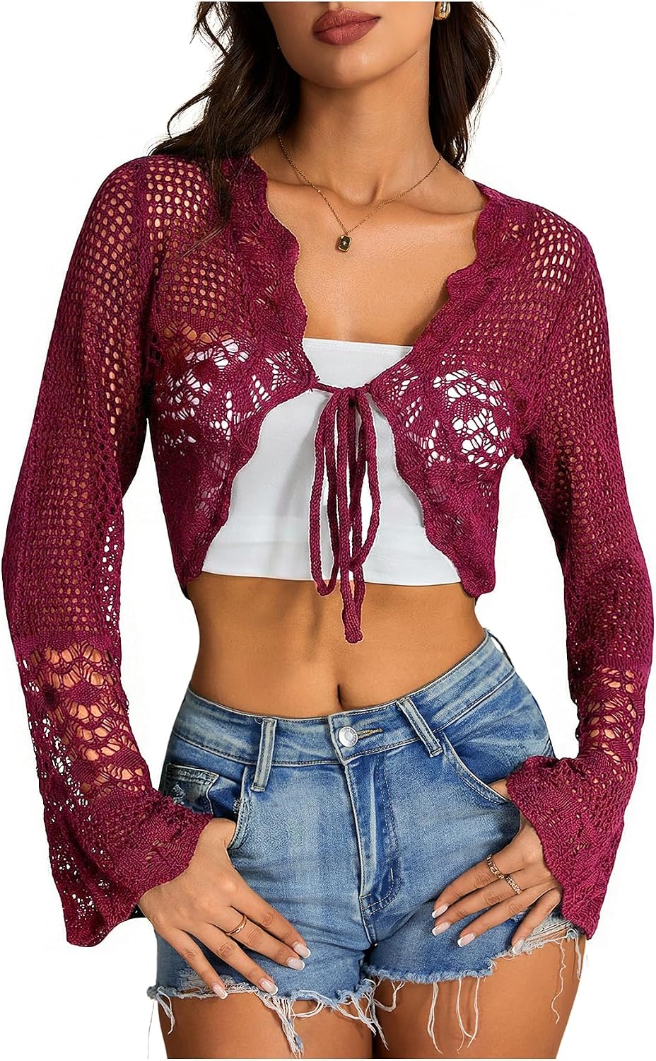 OYOANGLE Women's Crochet Tie Front Cardigan Sweater Bolero Shrug