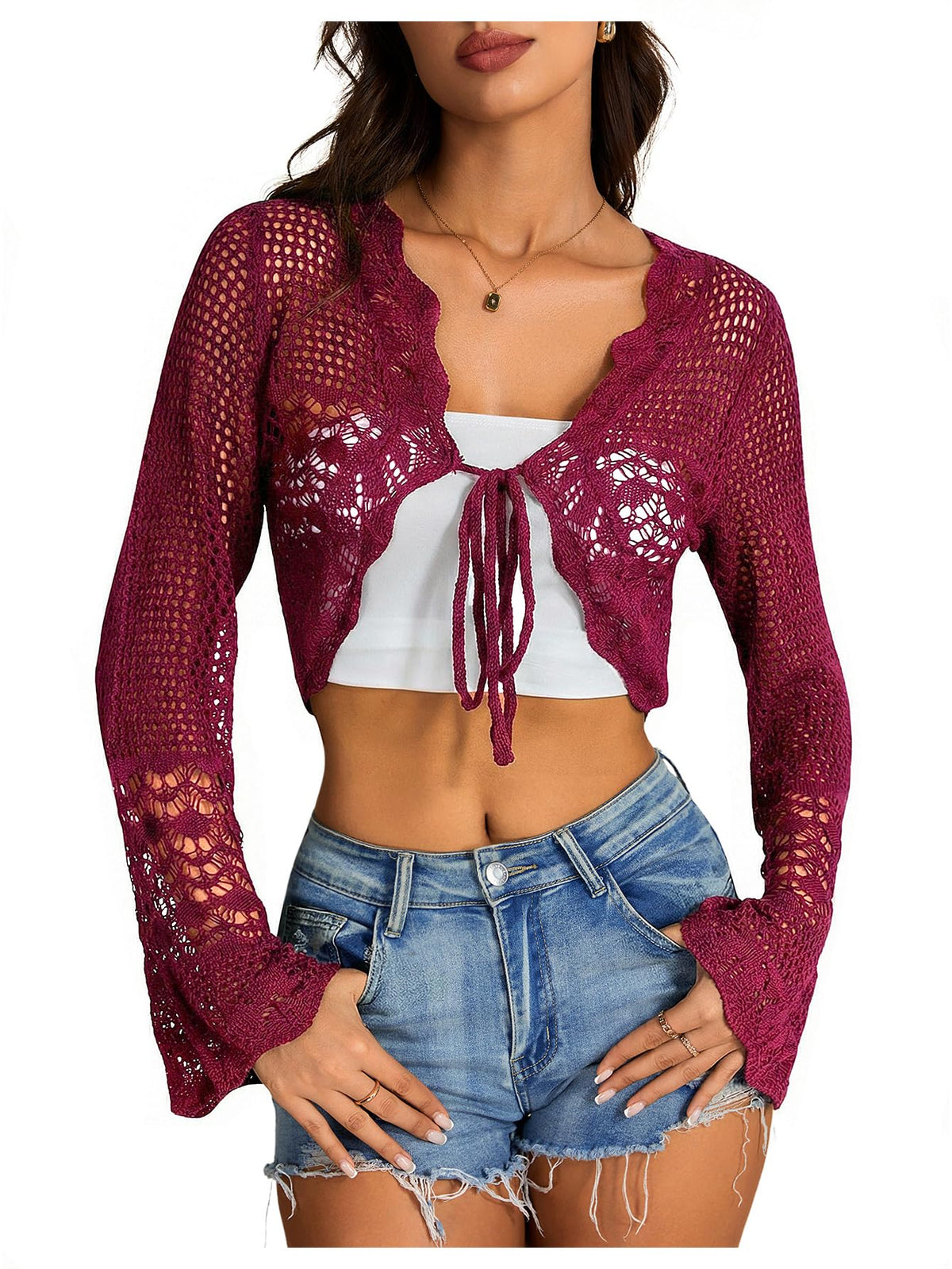 OYOANGLE Women's Crochet Tie Front Cardigan Sweater Bolero Shrug
