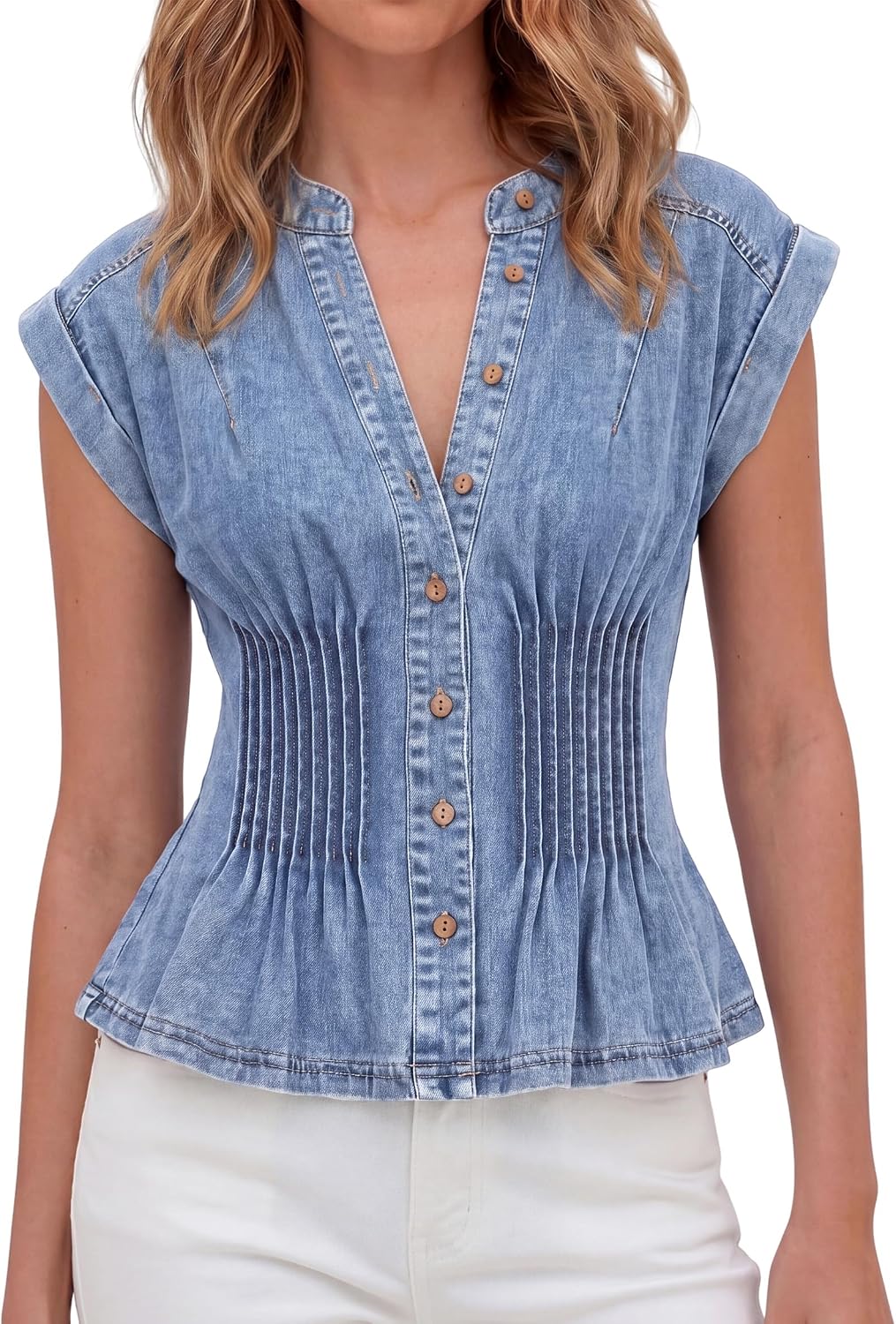 Denim Vest Tops for Women Y2k Pleated Button Down Jean Vests Shirts