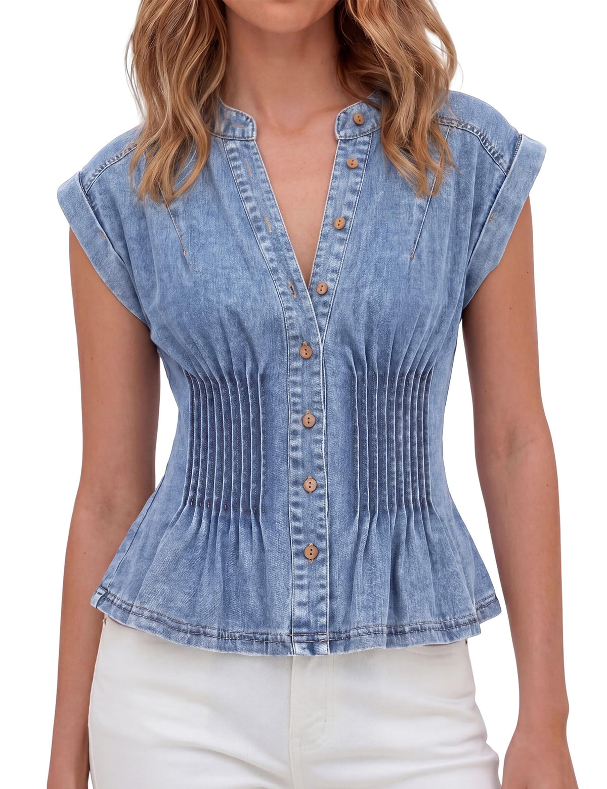 Denim Vest Tops for Women Y2k Pleated Button Down Jean Vests Shirts