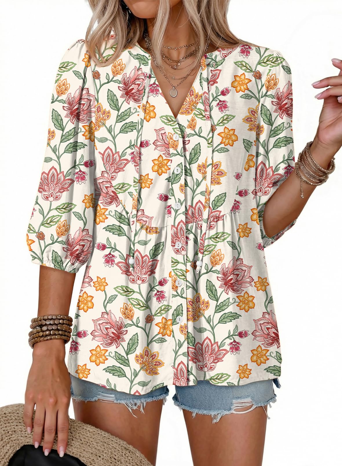 Dokotoo Womens Tops Boho Button Down V Neck Peplum Babydoll Blouses Shirts