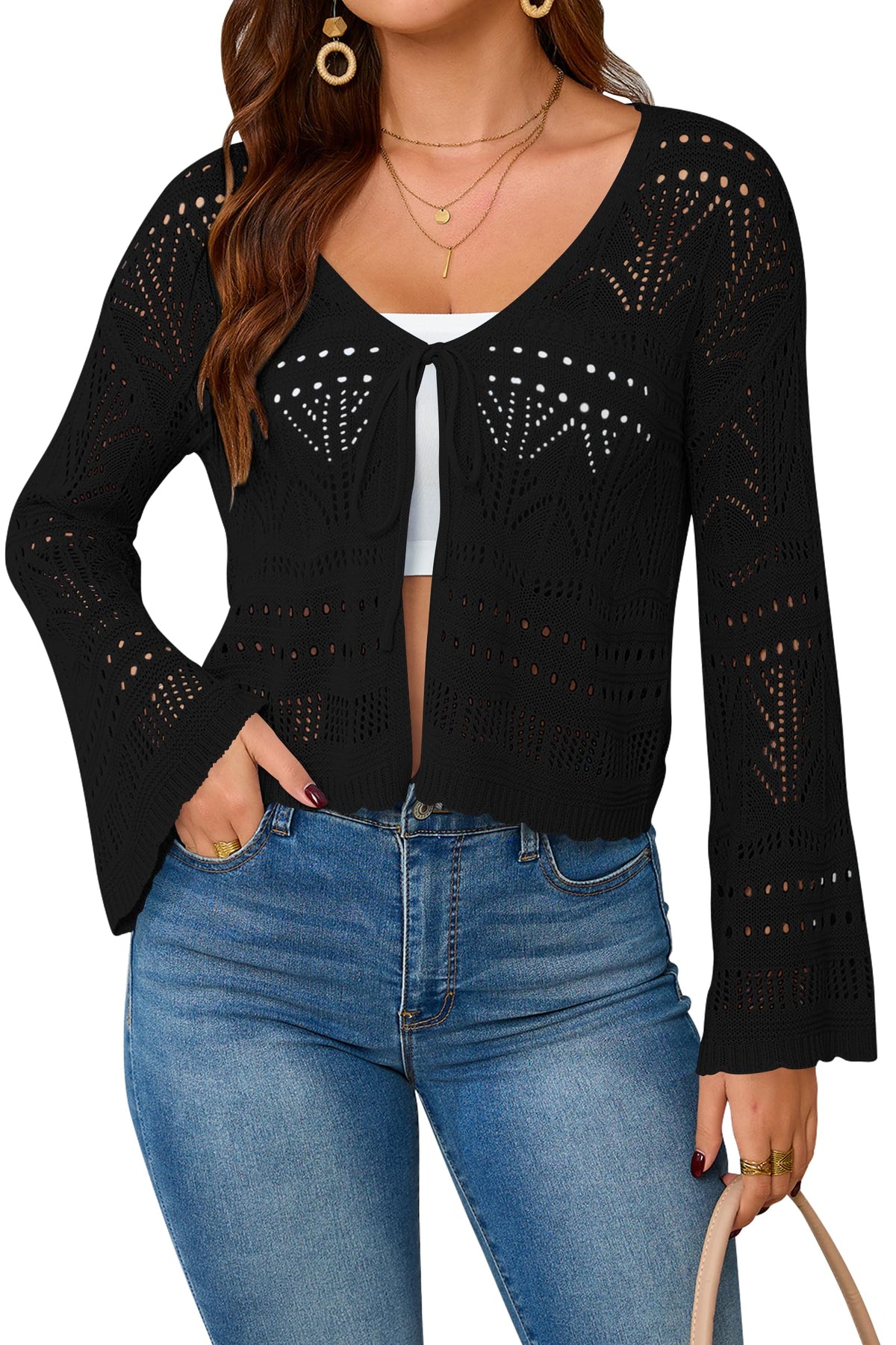 Cakulo Womens Crochet Cropped Cardigan Tie Front Shrug Sweater