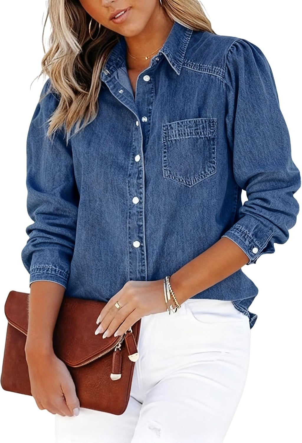 CHARTOU Puff Sleeve Denim Shirt for Women Snap Button Down Long Sleeve Jean Blouse Tops