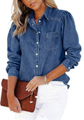 CHARTOU Puff Sleeve Denim Shirt for Women Snap Button Down Long Sleeve Jean Blouse Tops