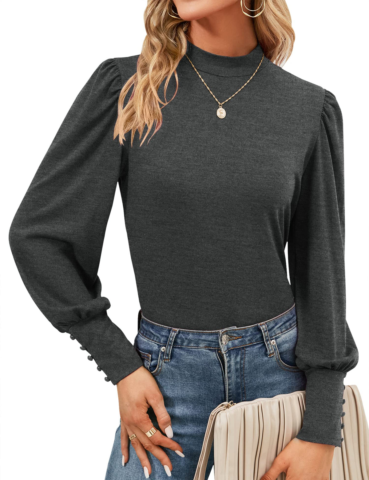 Mock Neck Tops for Womens Turtleneck Puff Long Sleeve Shirts Blouses