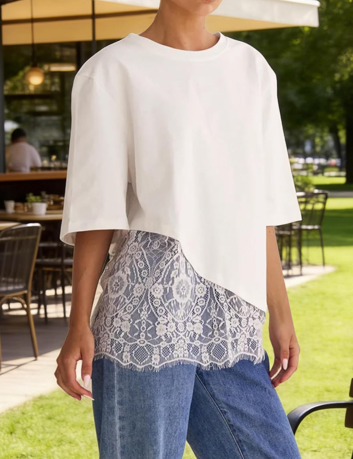 Womens Lace Patchwork Tops Casual Short Sleeve Cotton T Shirts