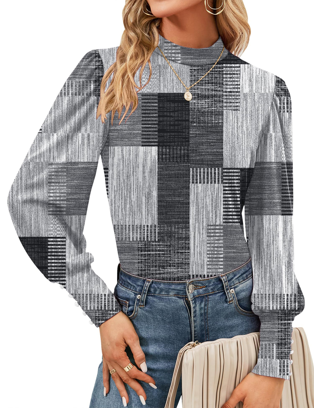 Mock Neck Tops for Womens Turtleneck Puff Long Sleeve Shirts Blouses