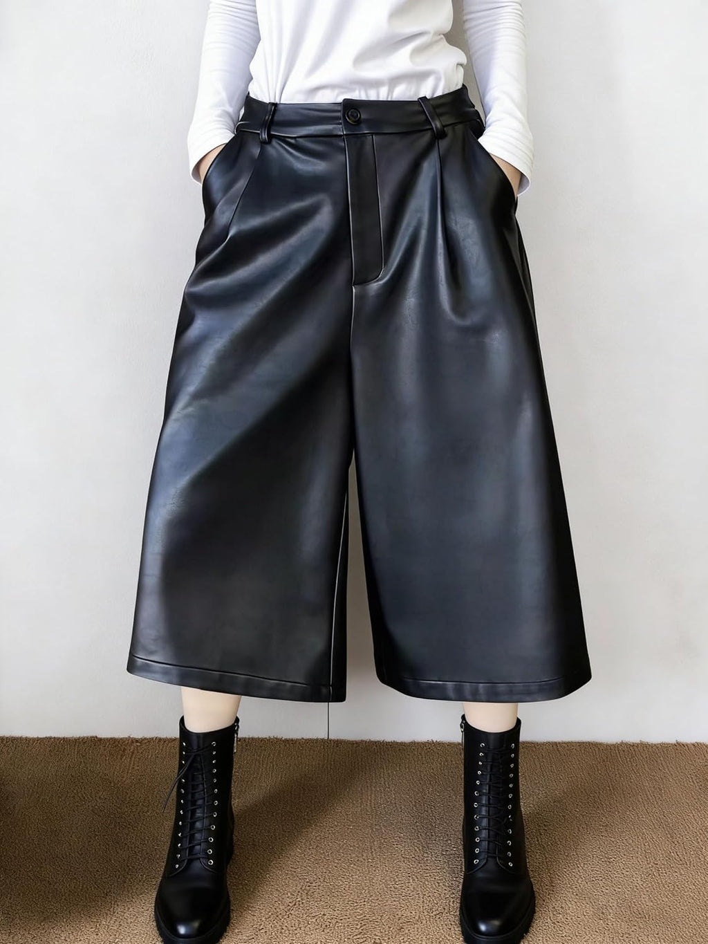 chouyatou Women's Pu Faux Leather Wide Leg Cropped Pants High Elastic Waist Baggy Barrel Capri Palazzo Pants