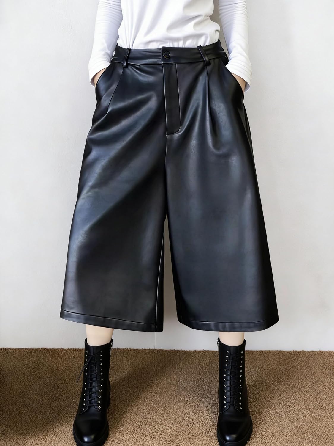 chouyatou Women's Pu Faux Leather Wide Leg Cropped Pants High Elastic Waist Baggy Barrel Capri Palazzo Pants