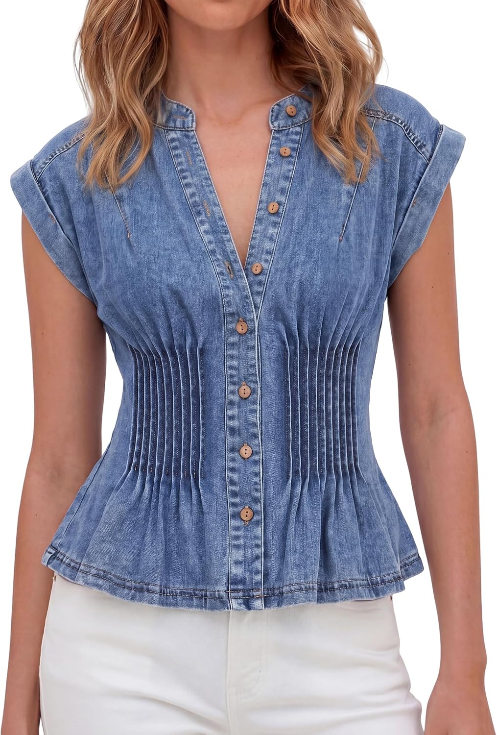 Denim Vest Tops for Women Y2k Pleated Button Down Jean Vests Shirts